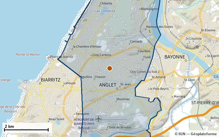 Plan d'Anglet, avec les limites de la zone et son centre