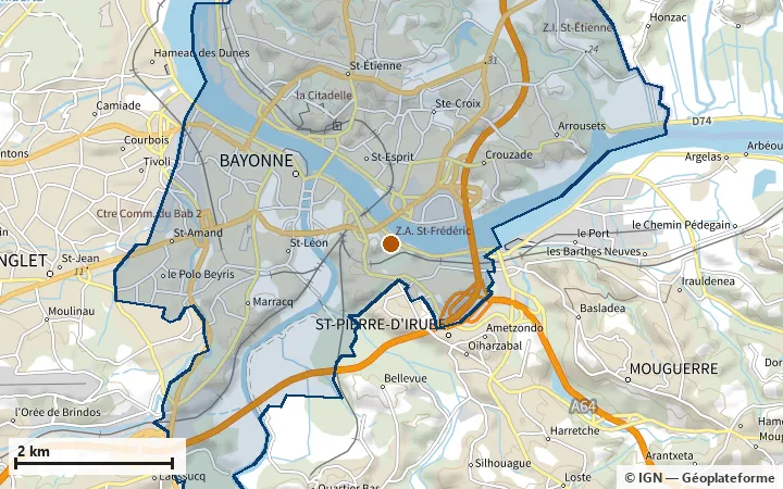 Plan de Bayonne, avec les limites de la zone et son centre