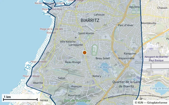 Plan de Biarritz, avec les limites de la zone et son centre