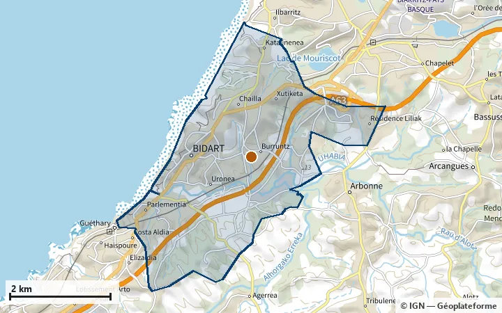 Plan de Bidart, avec les limites de la zone et son centre