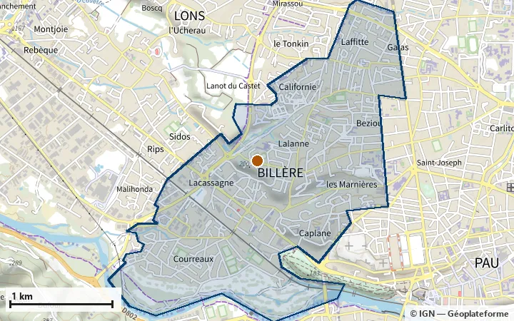 Plan de Billère, avec les limites de la zone et son centre