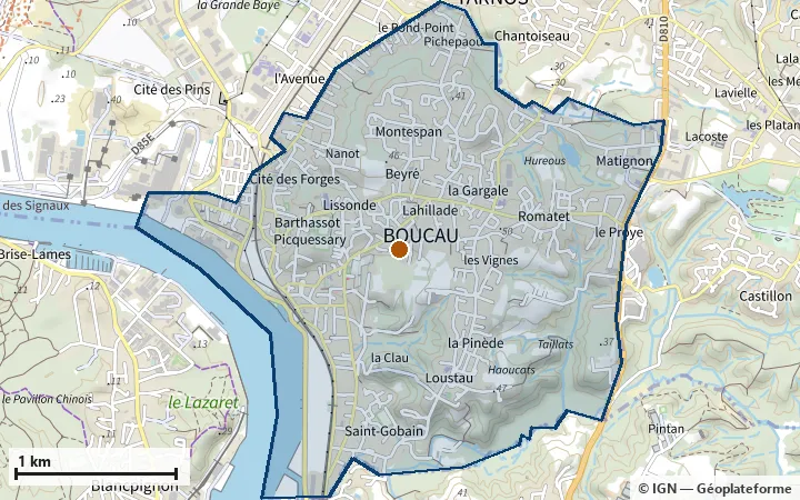 Plan de Boucau, avec les limites de la zone et son centre