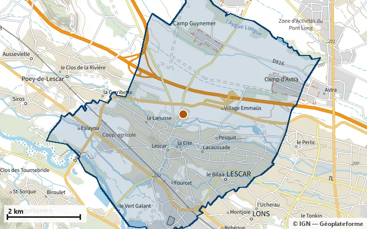 Plan de Lescar, avec les limites de la zone et son centre