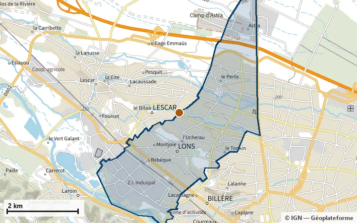 Plan de Lons, avec les limites de la zone et son centre