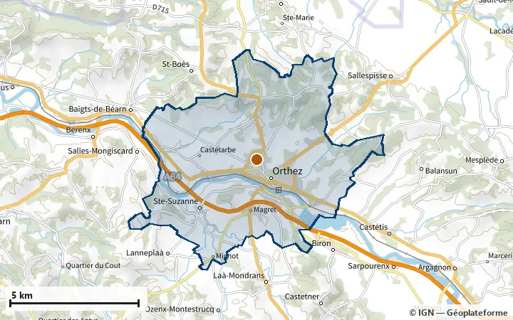 Plan d'Orthez, avec les limites de la zone et son centre