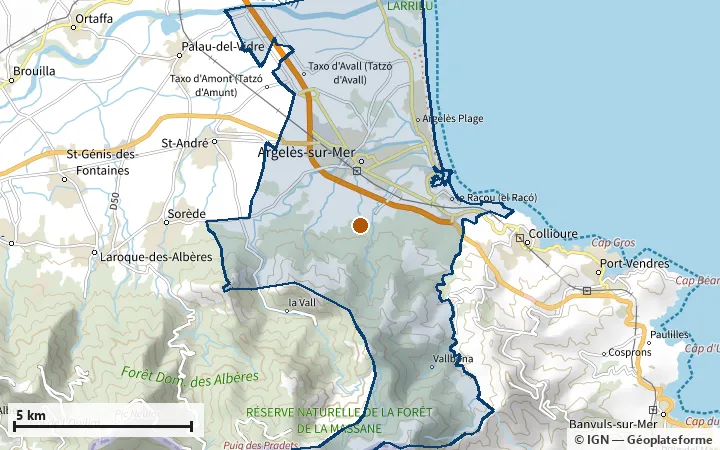 Plan d'Argelès-sur-Mer, avec les limites de la zone et son centre