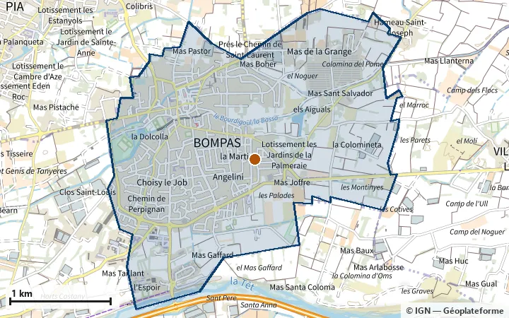 Plan de Bompas, avec les limites de la zone et son centre