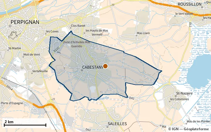 Plan de Cabestany, avec les limites de la zone et son centre