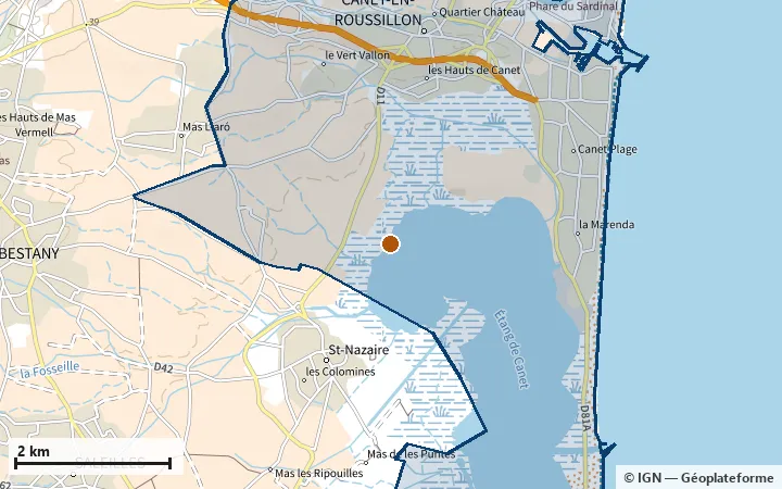 Plan de Canet-en-Roussillon, avec les limites de la zone et son centre