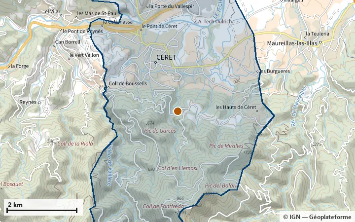 Plan de Céret, avec les limites de la zone et son centre