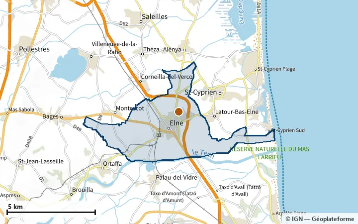 Plan d'Elne, avec les limites de la zone et son centre