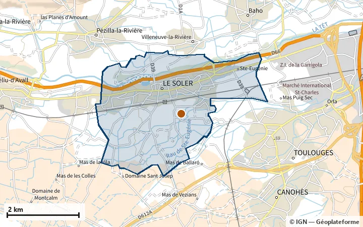 Plan du Soler, avec les limites de la zone et son centre