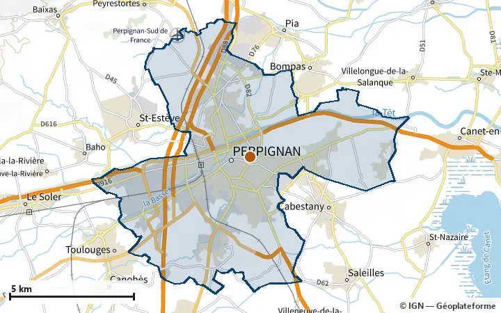 Plan de Perpignan, avec les limites de la zone et son centre