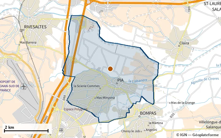 Plan de Pia, avec les limites de la zone et son centre