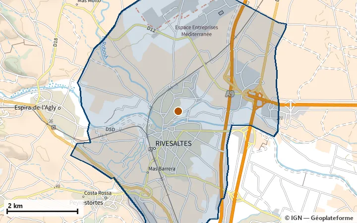 Plan de Rivesaltes, avec les limites de la zone et son centre