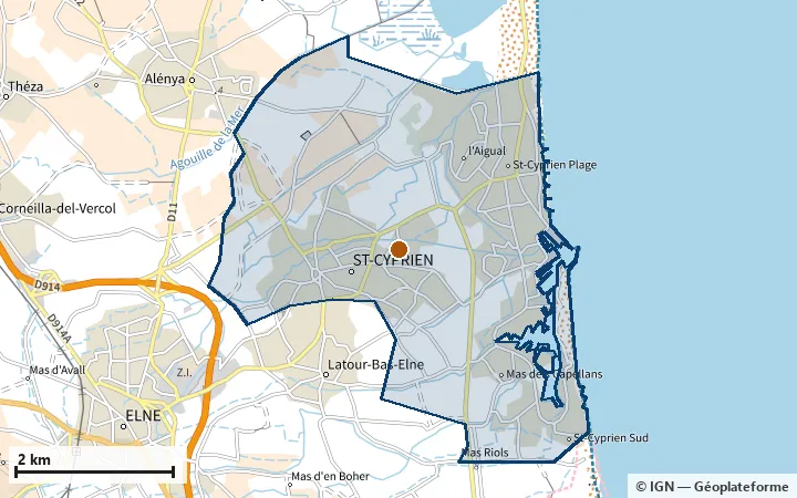 Plan de Saint-Cyprien, avec les limites de la zone et son centre