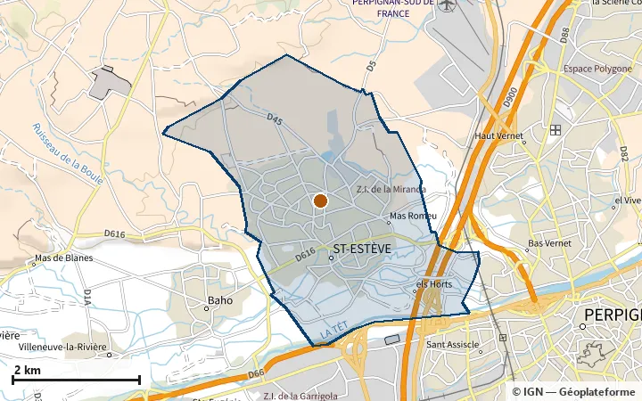 Plan de Saint-Estève, avec les limites de la zone et son centre