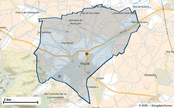 Plan de Thuir, avec les limites de la zone et son centre