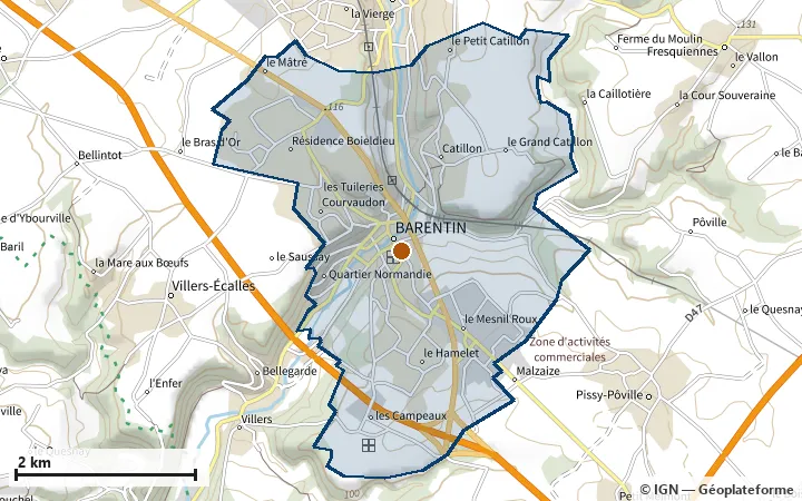 Plan de Barentin, avec les limites de la zone et son centre