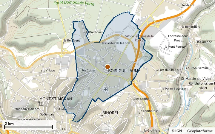 Plan de Bois-Guillaume, avec les limites de la zone et son centre