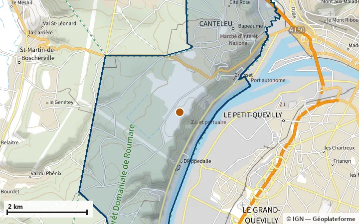 Plan de Canteleu, avec les limites de la zone et son centre