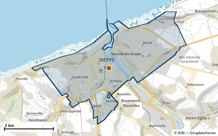 Plan de Dieppe, avec les limites de la zone et son centre