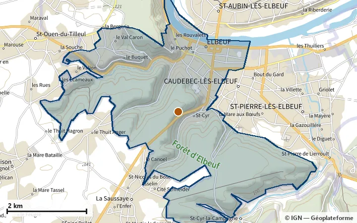 Plan d'Elbeuf, avec les limites de la zone et son centre