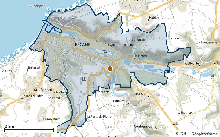 Plan de Fécamp, avec les limites de la zone et son centre