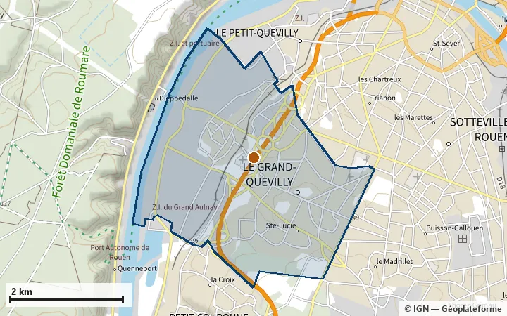 Plan du Grand-Quevilly, avec les limites de la zone et son centre