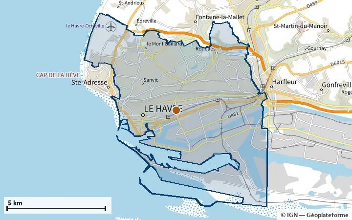 Plan du Havre, avec les limites de la zone et son centre
