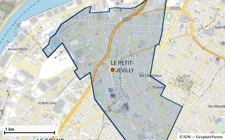 Plan du Petit-Quevilly, avec les limites de la zone et son centre