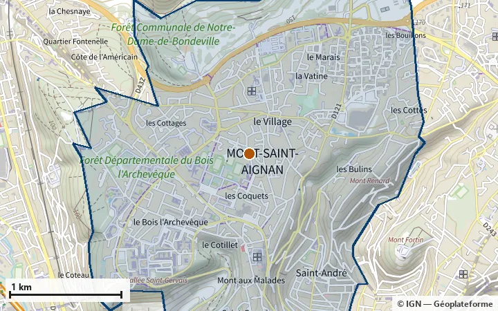 Plan de Mont-Saint-Aignan, avec les limites de la zone et son centre