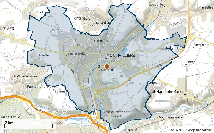Plan de Montivilliers, avec les limites de la zone et son centre