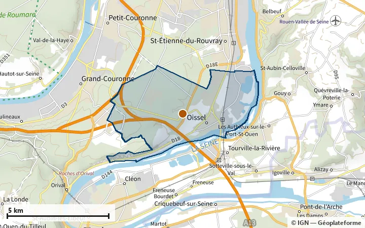 Plan d'Oissel-sur-Seine, avec les limites de la zone et son centre