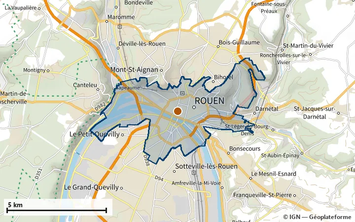 Plan de Rouen, avec les limites de la zone et son centre