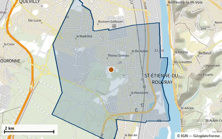 Plan de Saint-Étienne-du-Rouvray, avec les limites de la zone et son centre