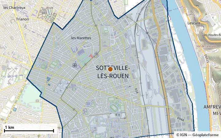 Plan de Sotteville-lès-Rouen, avec les limites de la zone et son centre