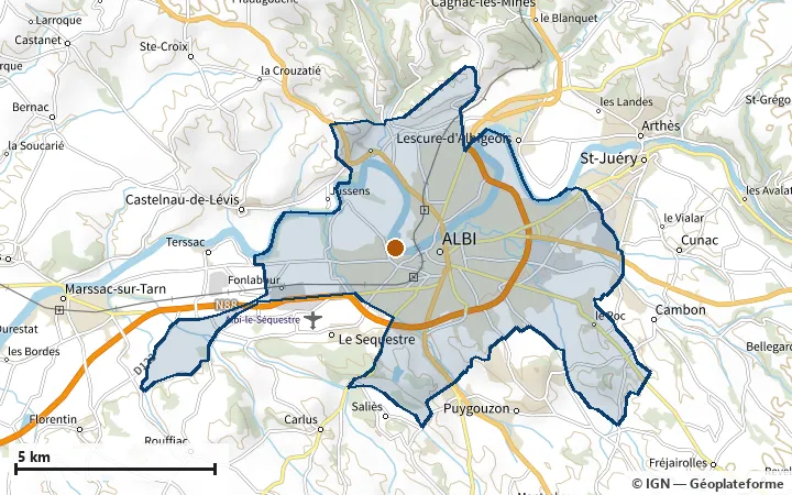 Plan d'Albi, avec les limites de la zone et son centre