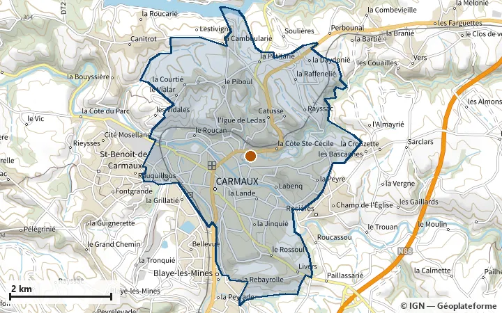 Plan de Carmaux, avec les limites de la zone et son centre