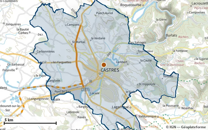 Plan de Castres, avec les limites de la zone et son centre