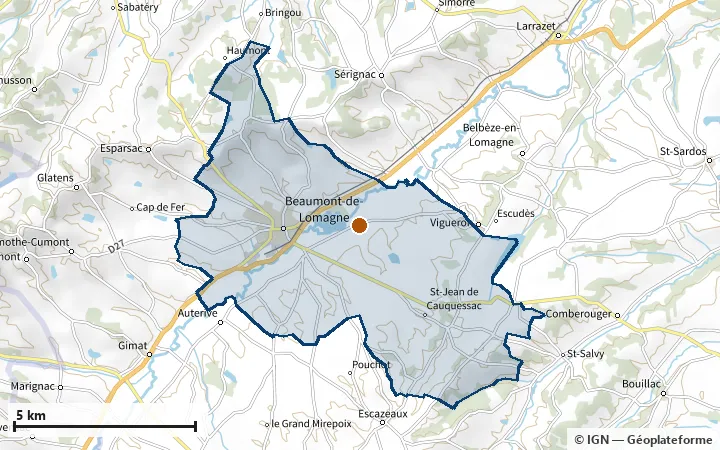 Plan de Beaumont-de-Lomagne, avec les limites de la zone et son centre