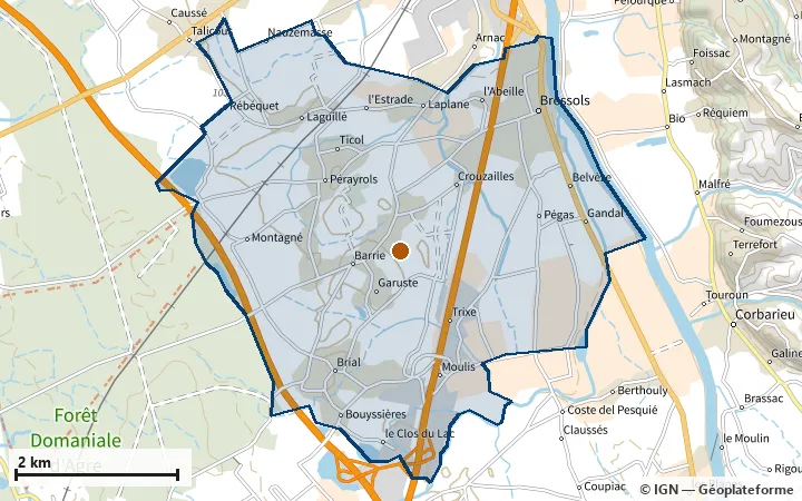 Plan de Bressols, avec les limites de la zone et son centre