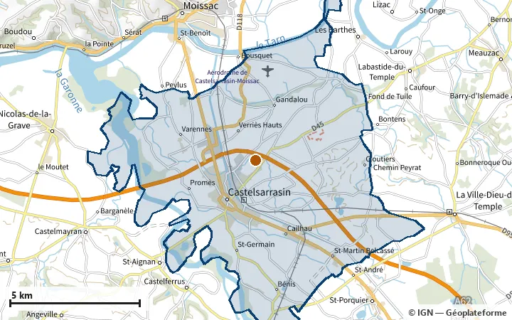 Plan de Castelsarrasin, avec les limites de la zone et son centre