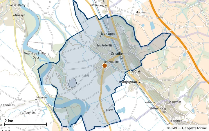 Plan de Grisolles, avec les limites de la zone et son centre