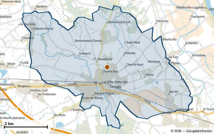 Plan de La Ville-Dieu-du-Temple, avec les limites de la zone et son centre