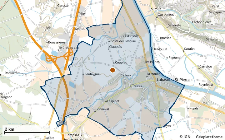 Plan de Labastide-Saint-Pierre, avec les limites de la zone et son centre