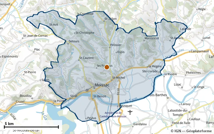 Plan de Moissac, avec les limites de la zone et son centre