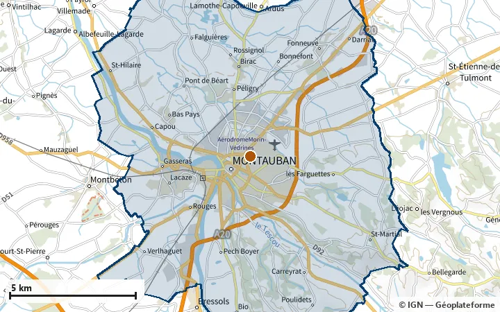 Plan de Montauban, avec les limites de la zone et son centre