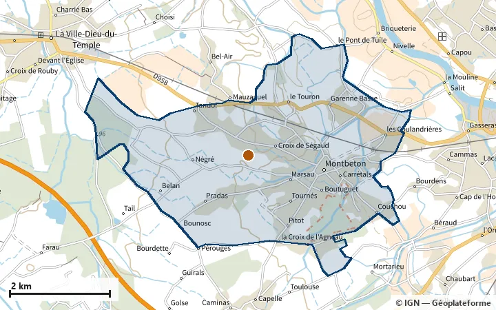 Plan de Montbeton, avec les limites de la zone et son centre