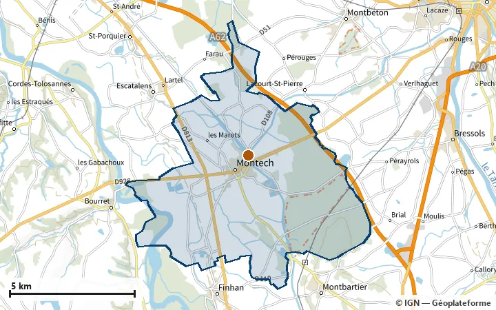 Plan de Montech, avec les limites de la zone et son centre